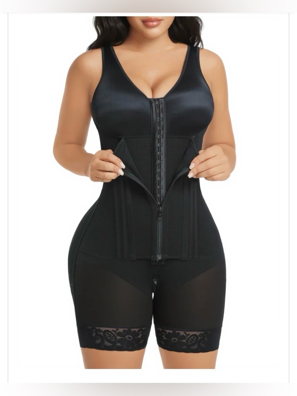 YIANNA Black Full-Body Shaper with Front Zip and Hook Closure